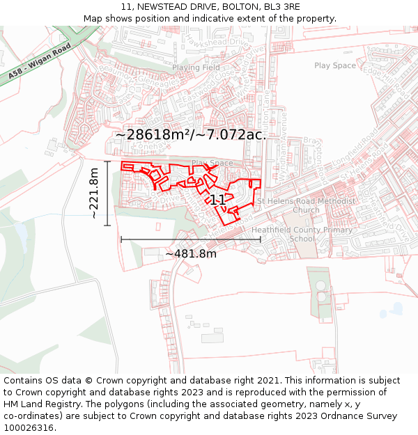 11, NEWSTEAD DRIVE, BOLTON, BL3 3RE: Plot and title map