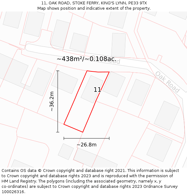 11, OAK ROAD, STOKE FERRY, KING'S LYNN, PE33 9TX: Plot and title map