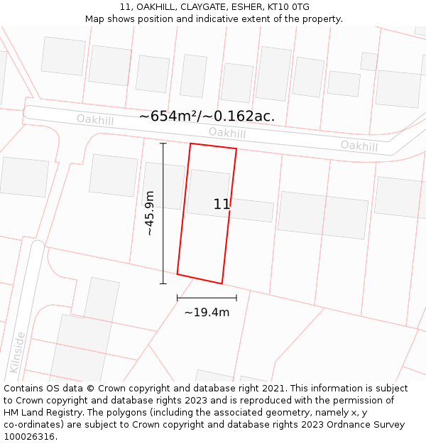 11, OAKHILL, CLAYGATE, ESHER, KT10 0TG: Plot and title map