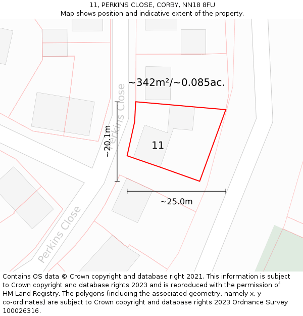 11, PERKINS CLOSE, CORBY, NN18 8FU: Plot and title map