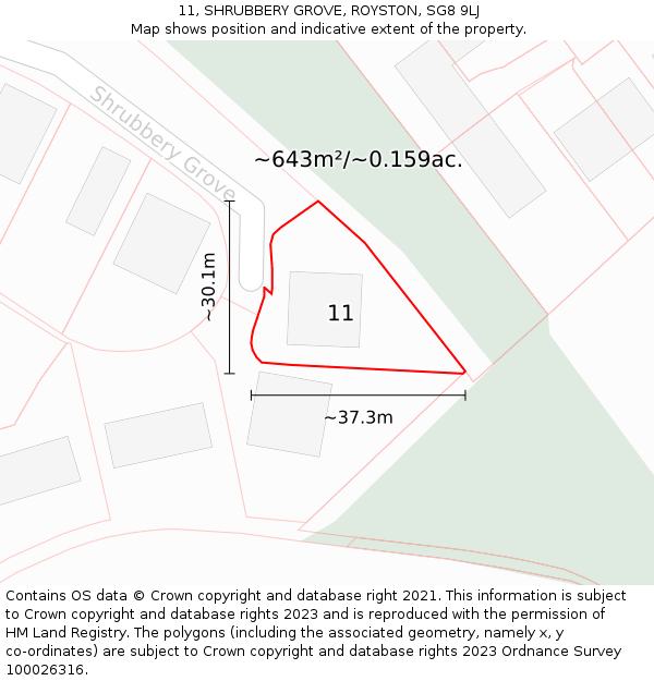 11, SHRUBBERY GROVE, ROYSTON, SG8 9LJ: Plot and title map