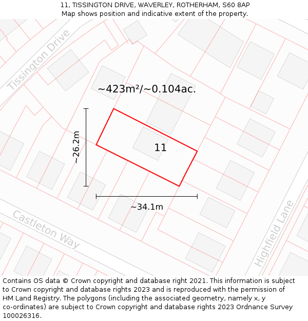 11, TISSINGTON DRIVE, WAVERLEY, ROTHERHAM, S60 8AP: Plot and title map