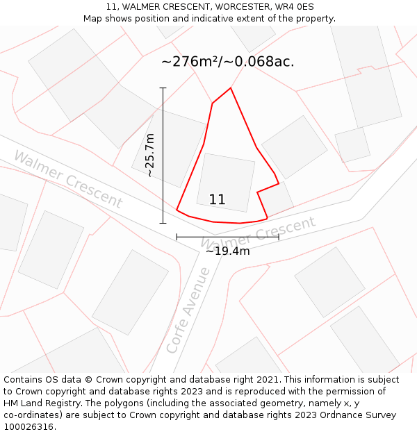 11, WALMER CRESCENT, WORCESTER, WR4 0ES: Plot and title map