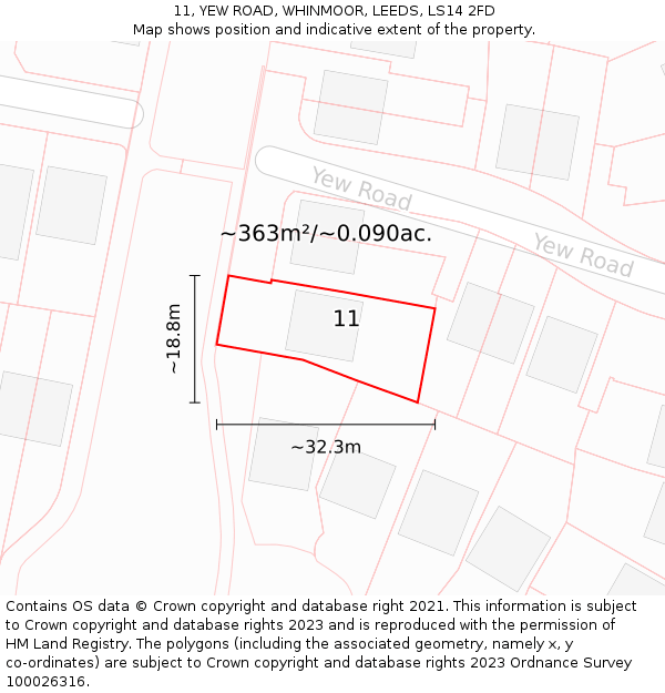 11, YEW ROAD, WHINMOOR, LEEDS, LS14 2FD: Plot and title map