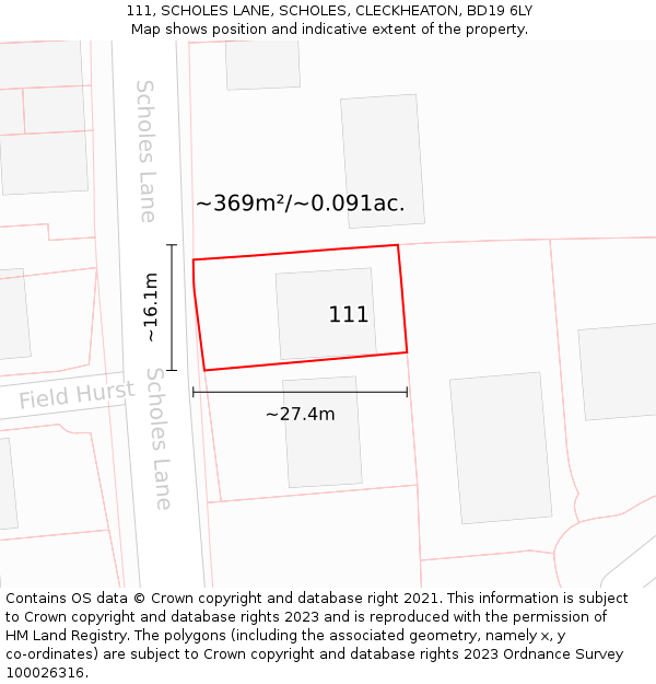 111, SCHOLES LANE, SCHOLES, CLECKHEATON, BD19 6LY: Plot and title map