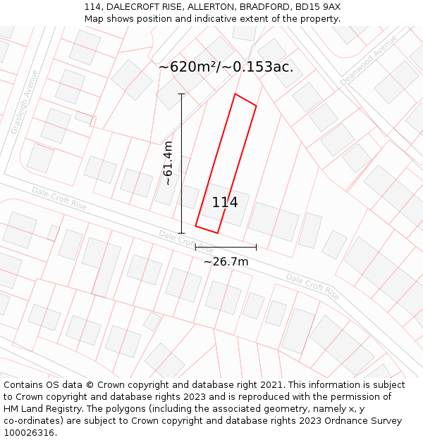 114, DALECROFT RISE, ALLERTON, BRADFORD, BD15 9AX: Plot and title map