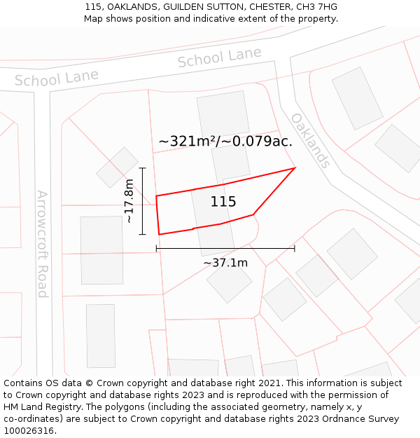 115, OAKLANDS, GUILDEN SUTTON, CHESTER, CH3 7HG: Plot and title map