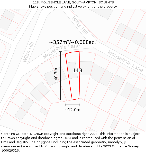 118, MOUSEHOLE LANE, SOUTHAMPTON, SO18 4TB: Plot and title map