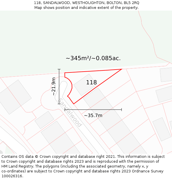 118, SANDALWOOD, WESTHOUGHTON, BOLTON, BL5 2RQ: Plot and title map