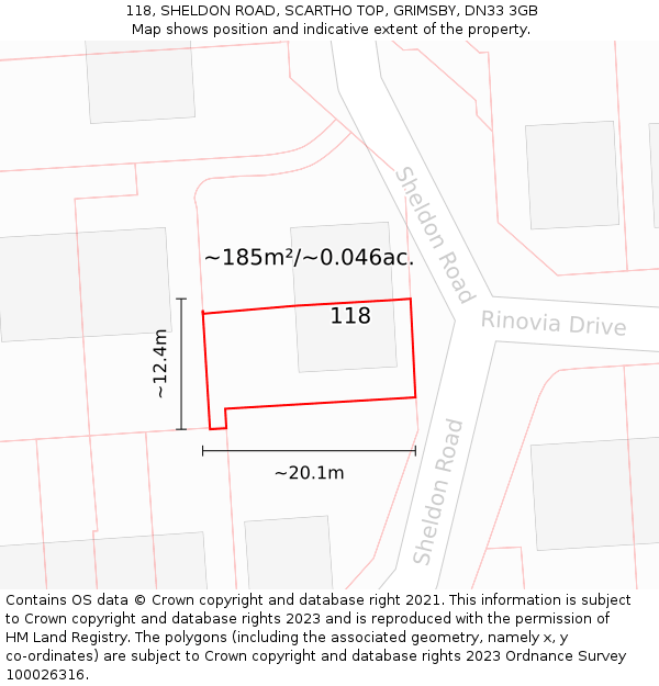 118, SHELDON ROAD, SCARTHO TOP, GRIMSBY, DN33 3GB: Plot and title map