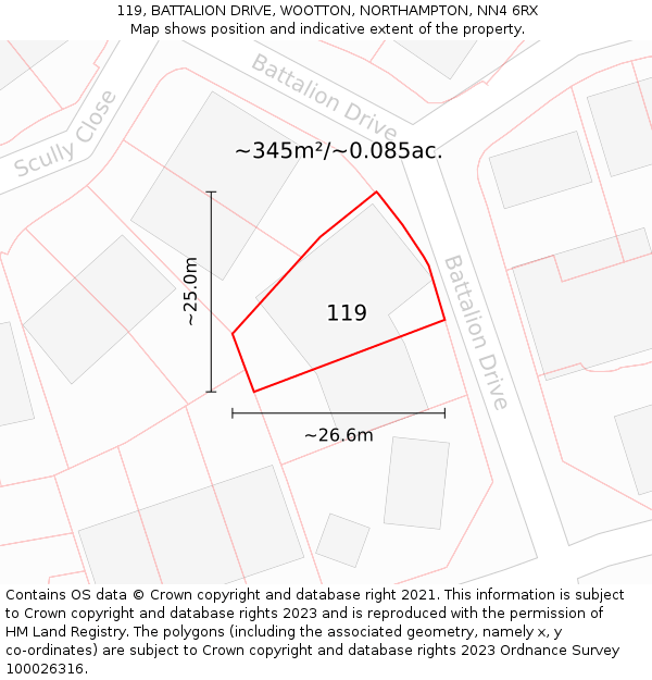 119, BATTALION DRIVE, WOOTTON, NORTHAMPTON, NN4 6RX: Plot and title map