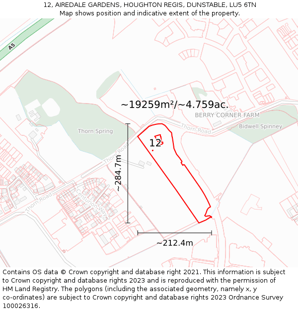 12, AIREDALE GARDENS, HOUGHTON REGIS, DUNSTABLE, LU5 6TN: Plot and title map