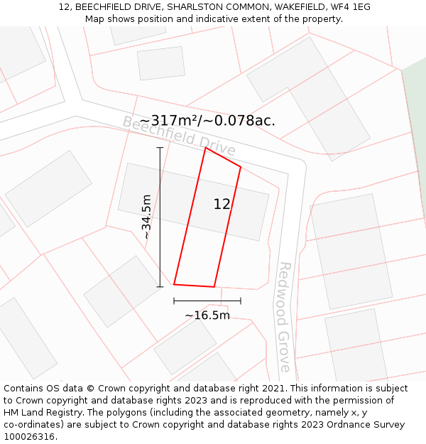 12, BEECHFIELD DRIVE, SHARLSTON COMMON, WAKEFIELD, WF4 1EG: Plot and title map