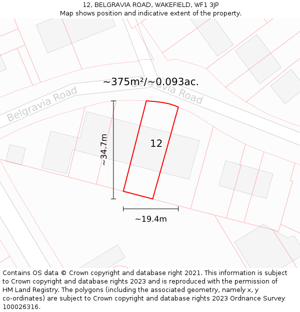 12, BELGRAVIA ROAD, WAKEFIELD, WF1 3JP: Plot and title map