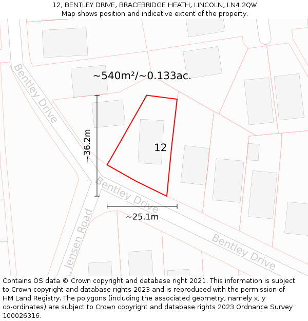 12, BENTLEY DRIVE, BRACEBRIDGE HEATH, LINCOLN, LN4 2QW: Plot and title map