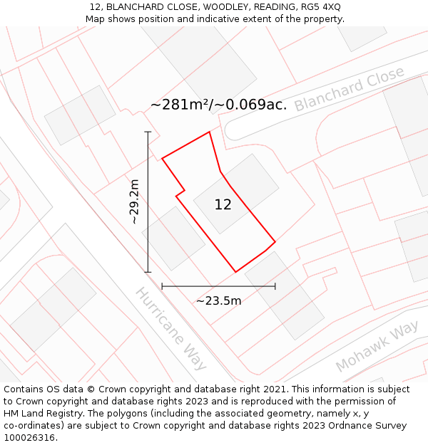 12, BLANCHARD CLOSE, WOODLEY, READING, RG5 4XQ: Plot and title map