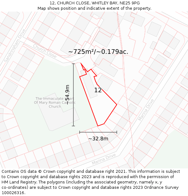 12, CHURCH CLOSE, WHITLEY BAY, NE25 9PG: Plot and title map