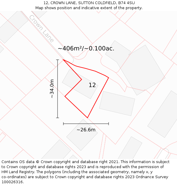 12, CROWN LANE, SUTTON COLDFIELD, B74 4SU: Plot and title map