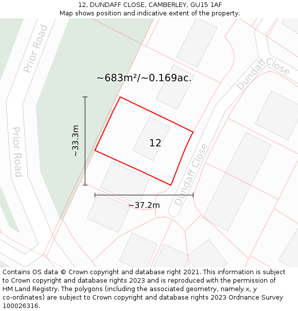 12, DUNDAFF CLOSE, CAMBERLEY, GU15 1AF: Plot and title map