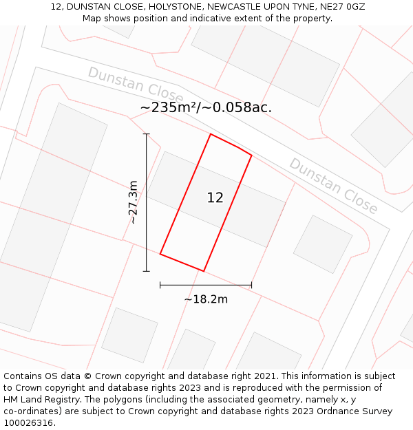 12, DUNSTAN CLOSE, HOLYSTONE, NEWCASTLE UPON TYNE, NE27 0GZ: Plot and title map