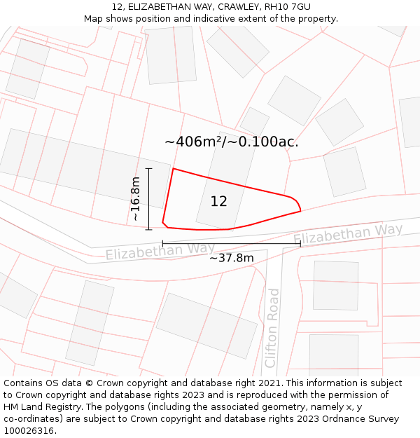 12, ELIZABETHAN WAY, CRAWLEY, RH10 7GU: Plot and title map