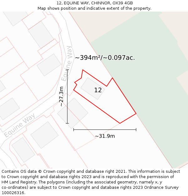 12, EQUINE WAY, CHINNOR, OX39 4GB: Plot and title map