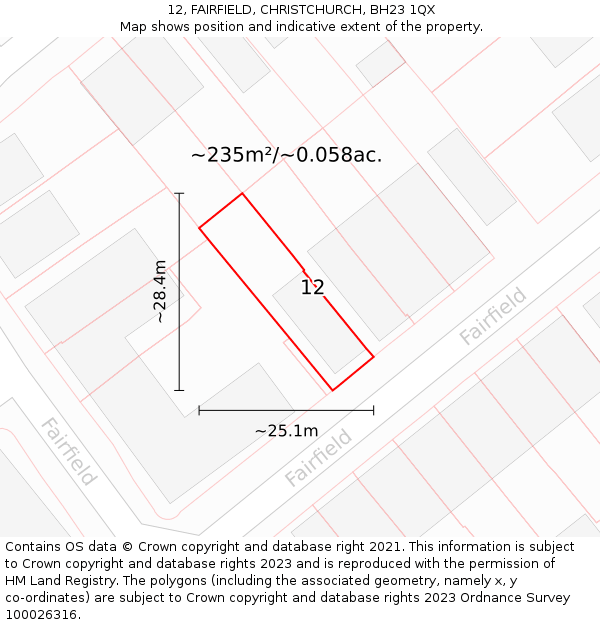 12, FAIRFIELD, CHRISTCHURCH, BH23 1QX: Plot and title map