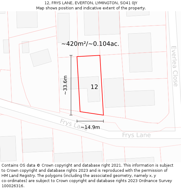 12, FRYS LANE, EVERTON, LYMINGTON, SO41 0JY: Plot and title map