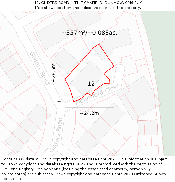 12, GILDERS ROAD, LITTLE CANFIELD, DUNMOW, CM6 1UY: Plot and title map