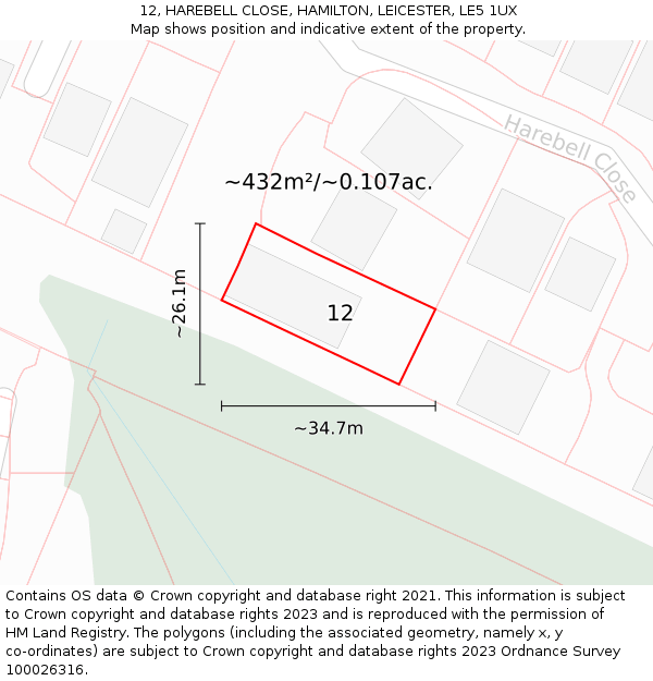 12, HAREBELL CLOSE, HAMILTON, LEICESTER, LE5 1UX: Plot and title map