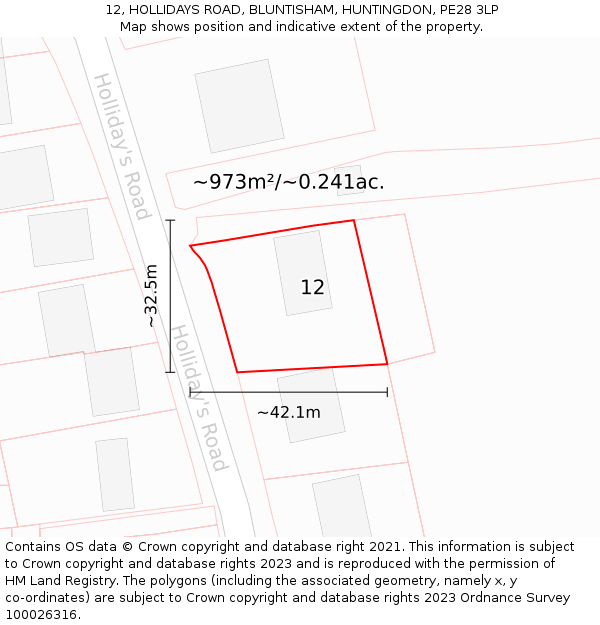 12, HOLLIDAYS ROAD, BLUNTISHAM, HUNTINGDON, PE28 3LP: Plot and title map