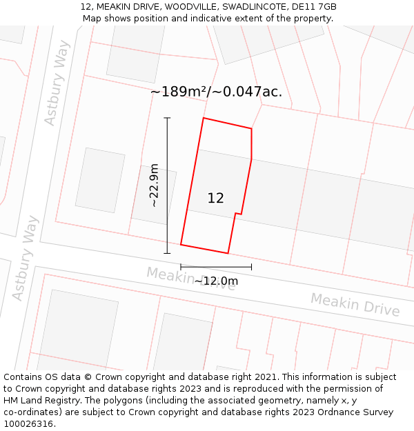 12, MEAKIN DRIVE, WOODVILLE, SWADLINCOTE, DE11 7GB: Plot and title map