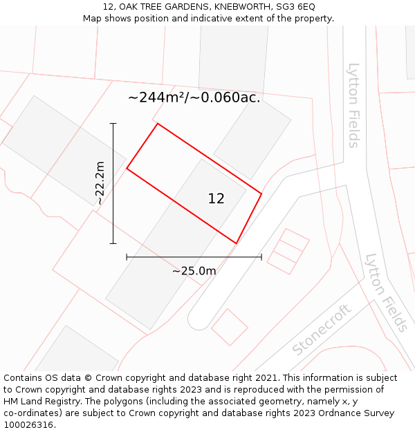 12, OAK TREE GARDENS, KNEBWORTH, SG3 6EQ: Plot and title map