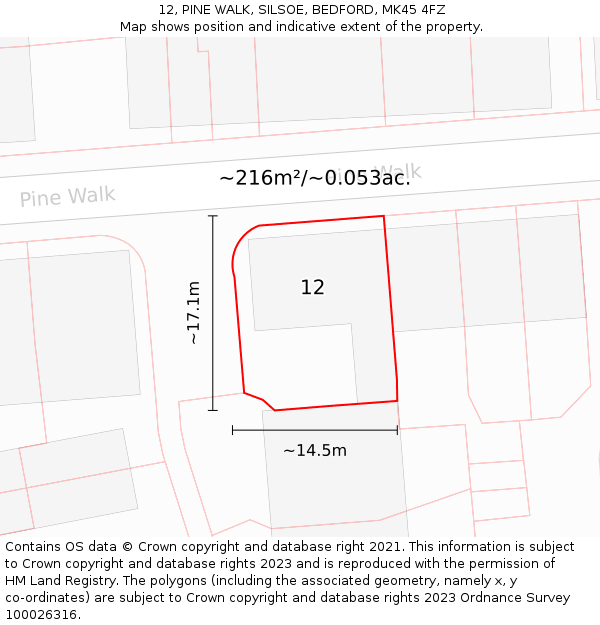 12, PINE WALK, SILSOE, BEDFORD, MK45 4FZ: Plot and title map