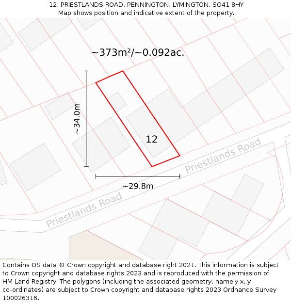 12, PRIESTLANDS ROAD, PENNINGTON, LYMINGTON, SO41 8HY: Plot and title map