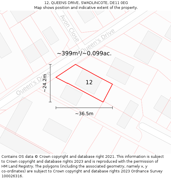 12, QUEENS DRIVE, SWADLINCOTE, DE11 0EG: Plot and title map