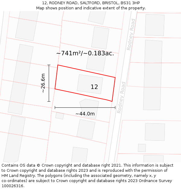 12, RODNEY ROAD, SALTFORD, BRISTOL, BS31 3HP: Plot and title map