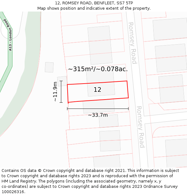 12, ROMSEY ROAD, BENFLEET, SS7 5TP: Plot and title map