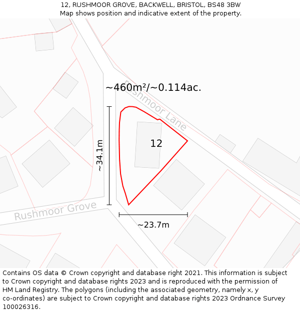 12, RUSHMOOR GROVE, BACKWELL, BRISTOL, BS48 3BW: Plot and title map