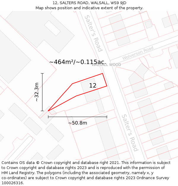 12, SALTERS ROAD, WALSALL, WS9 9JD: Plot and title map