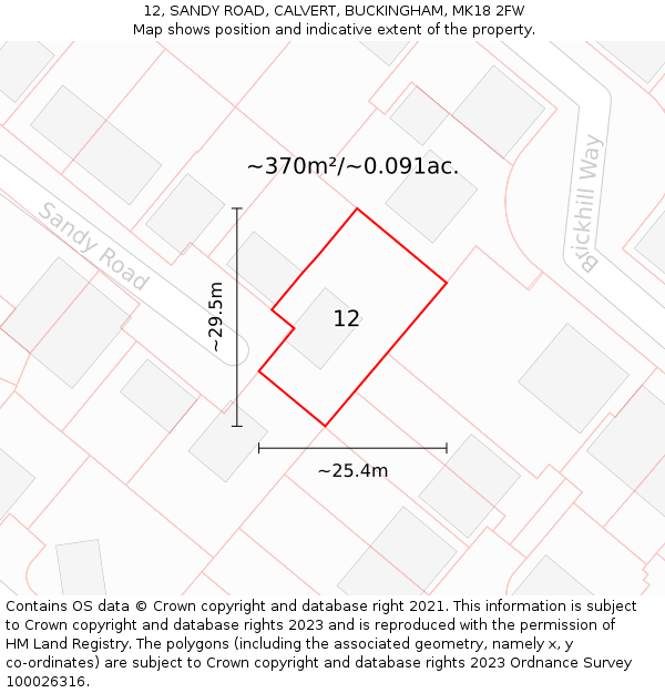 12, SANDY ROAD, CALVERT, BUCKINGHAM, MK18 2FW: Plot and title map