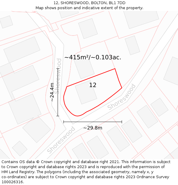 12, SHORESWOOD, BOLTON, BL1 7DD: Plot and title map