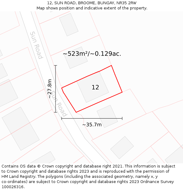 12, SUN ROAD, BROOME, BUNGAY, NR35 2RW: Plot and title map