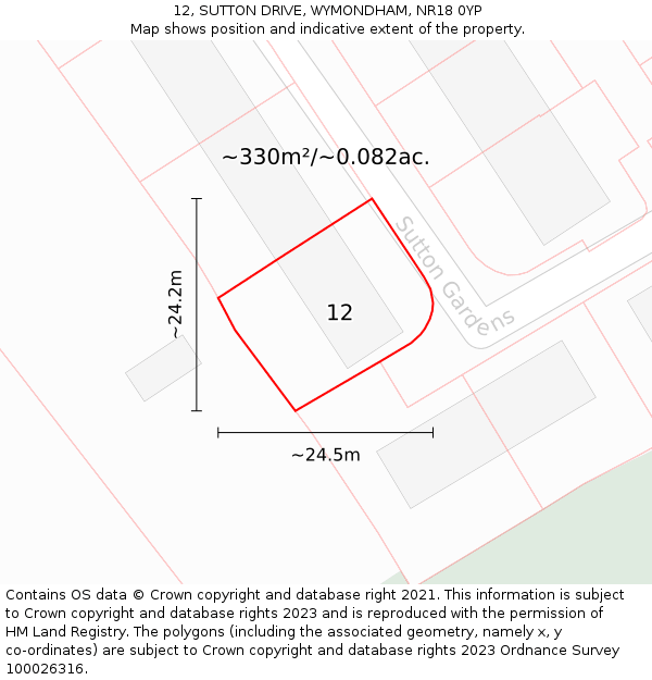 12, SUTTON DRIVE, WYMONDHAM, NR18 0YP: Plot and title map