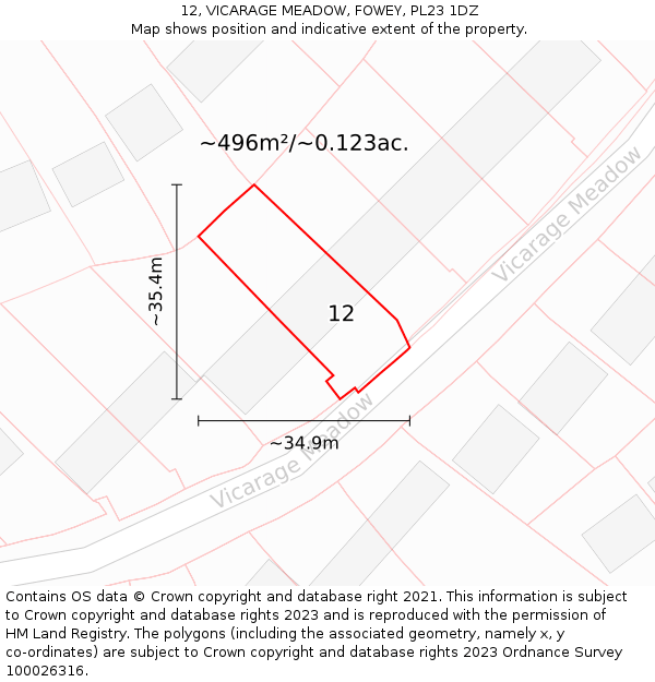 12, VICARAGE MEADOW, FOWEY, PL23 1DZ: Plot and title map