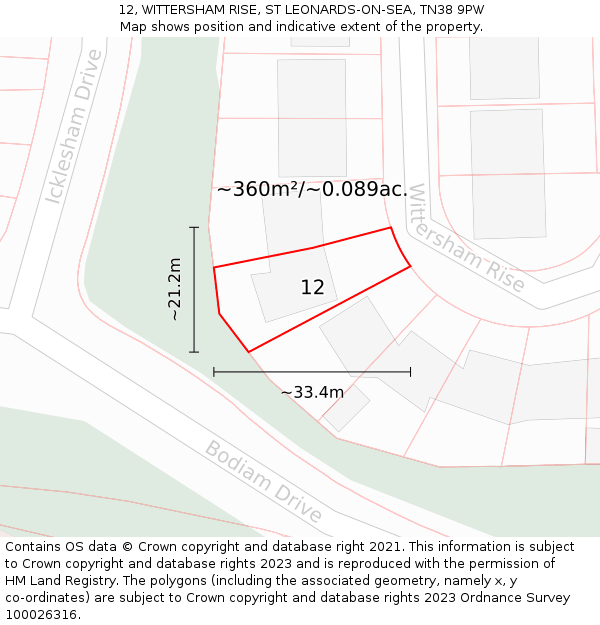 12, WITTERSHAM RISE, ST LEONARDS-ON-SEA, TN38 9PW: Plot and title map