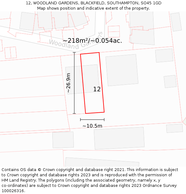 12, WOODLAND GARDENS, BLACKFIELD, SOUTHAMPTON, SO45 1GD: Plot and title map