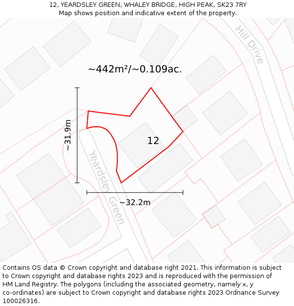 12, YEARDSLEY GREEN, WHALEY BRIDGE, HIGH PEAK, SK23 7RY: Plot and title map