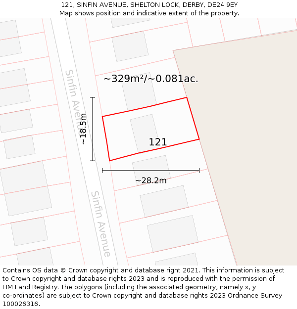 121, SINFIN AVENUE, SHELTON LOCK, DERBY, DE24 9EY: Plot and title map