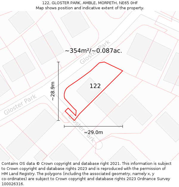 122, GLOSTER PARK, AMBLE, MORPETH, NE65 0HF: Plot and title map